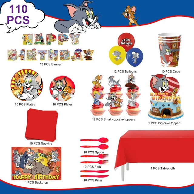 Alt view image 6 of 7 - 110 Pcs Tom and Jerry Birthday Decorations & Tableware Set - Tom and Jerry Party Banner Balloons Plates Cups etc Tom and Jerry Party Decorations for Tom and Jerry Birthday Party Supplies