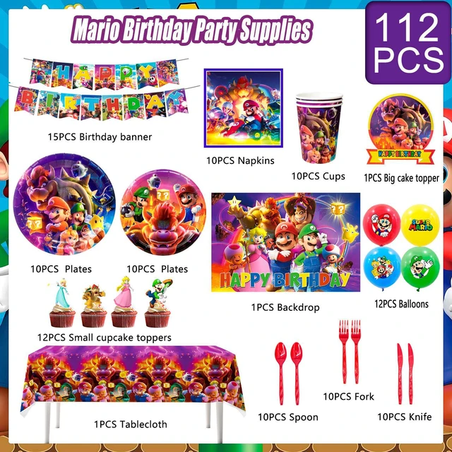 Alt view image 6 of 6 - Super Mario Party Supplies, 112pcs Mario Birthday Decorations & Tableware Set - Super Mario Balloons Banner Backdrop & Mario Party Table Cloth Plates Cups etc Super Mario Birthday Party Supplies