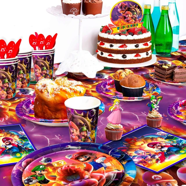 Alt view image 3 of 6 - Super Mario Party Supplies, 112pcs Mario Birthday Decorations & Tableware Set - Super Mario Balloons Banner Backdrop & Mario Party Table Cloth Plates Cups etc Super Mario Birthday Party Supplies