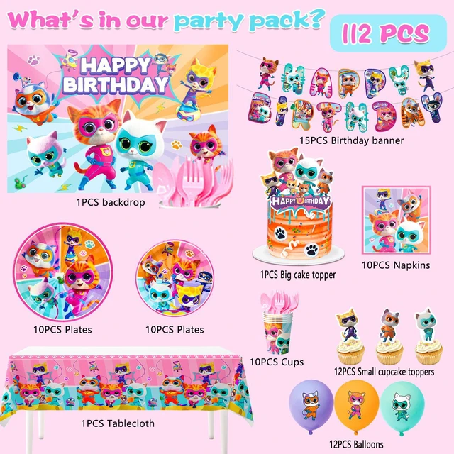 Alt view image 6 of 6 - Super Kitten Squad Birthday Party Decorations,112pcs Cute Cat Hero Theme Accessories - Super Kitten Squad Backdrop Plates Ballons etc Party Supplies for Super Kitten Themed Birthday Favors & Decor