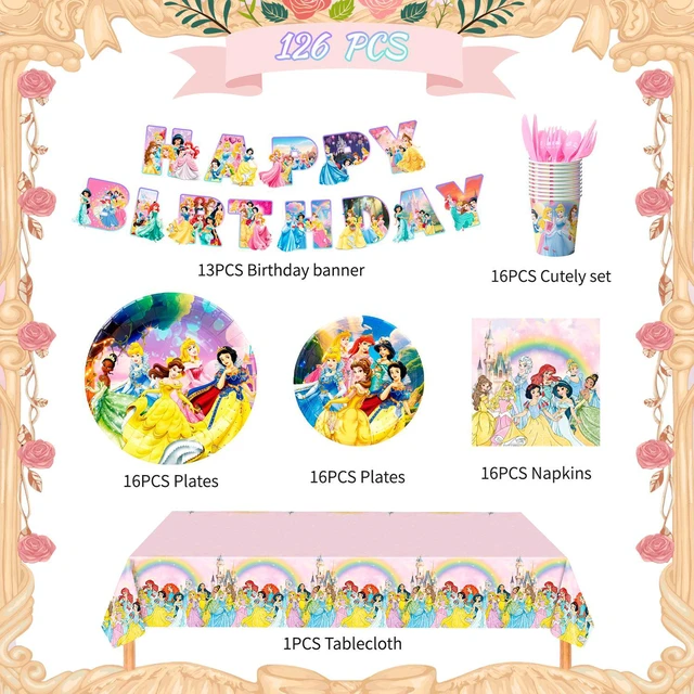 Alt view image 7 of 7 - Princess Birthday Decorations Tableware,126 Pcs Princess Party Decorations Set - Princess Theme Party Plate Cups Napkins Tablecloth Banners etc Princess Birthday Party Supplies Serves 16