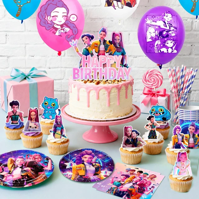 Alt view image 2 of 7 - Kpop Demon Hunters Birthday Decorations, 112pcs Kpop Birthday Party Tableware Set - Demon Hunters Plates Cake Topper Backdrop Tablecloth etc Kpop Music Birthday Party Supplies