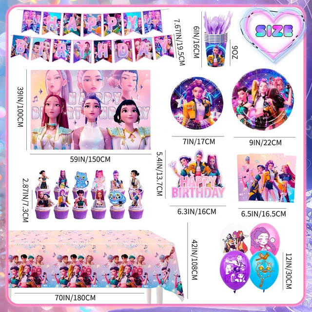 Alt view image 6 of 7 - Kpop Demon Hunters Birthday Decorations, 112pcs Kpop Birthday Party Tableware Set - Demon Hunters Plates Cake Topper Backdrop Tablecloth etc Kpop Music Birthday Party Supplies