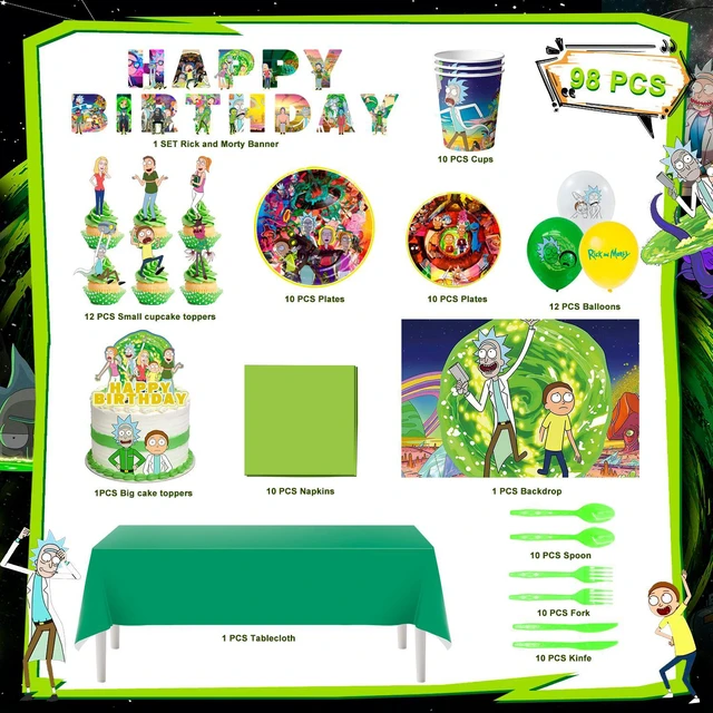 Alt view image 6 of 7 - 98 Pcs Rick and Morty Birthday Decorations&Tableware Set-Rick and Morty Banner Balloons Plates etc Rick and Morty Party Supplies