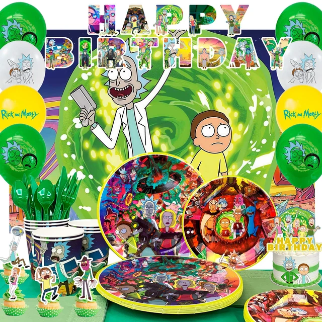 Main image of 98 Pcs Rick and Morty Birthday Decorations&Tableware Set-Rick and Morty Banner Balloons Plates etc Rick and Morty Party Supplies