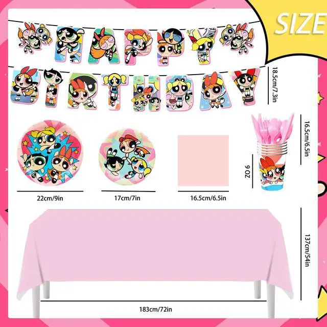 Alt view image 6 of 7 - 114 Pcs The Powerpuff Girls Birthday Party Tableware Set - The Powerpuff Girls Party Plates Napkins Cups Tablecloth & Birthday Banners for The Powerpuff Girls Theme Party Supplies Decor