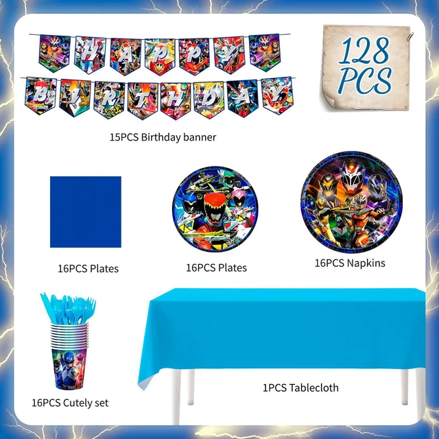 Alt view image 7 of 7 - Power Rangers Birthday Decorations Tableware, 128 Pcs Power Rangers Party Decorations Set - Power Rangers Party Plate Cups Napkins Tablecloths Banner etc Power Rangers Birthday Party Supplies