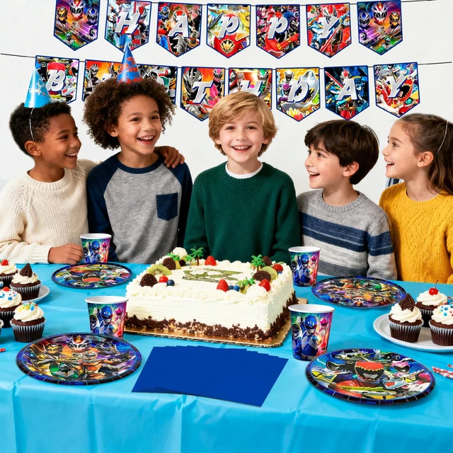 Alt view image 5 of 7 - Power Rangers Birthday Decorations Tableware, 128 Pcs Power Rangers Party Decorations Set - Power Rangers Party Plate Cups Napkins Tablecloths Banner etc Power Rangers Birthday Party Supplies