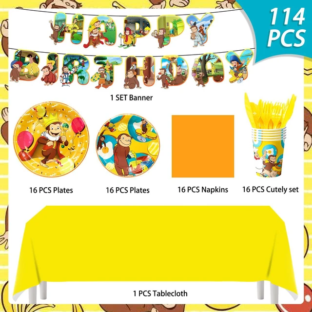 Alt view image 7 of 7 - 114 Pcs Curious George Birthday Party Decorations Tableware Set-Curious George Birthday Plates Napkins Cups Tablecloth etc Curious George Party Tableware for Curious George Party Supplies Serves 16