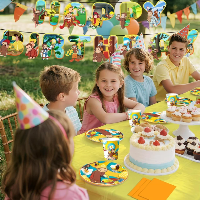 Alt view image 2 of 7 - 114 Pcs Curious George Birthday Party Decorations Tableware Set-Curious George Birthday Plates Napkins Cups Tablecloth etc Curious George Party Tableware for Curious George Party Supplies Serves 16