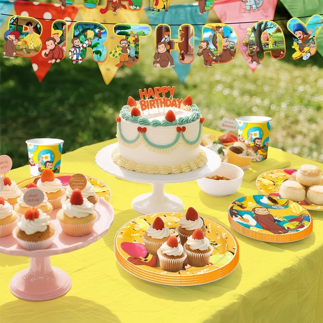 Alt view image 3 of 7 - 114 Pcs Curious George Birthday Party Decorations Tableware Set-Curious George Birthday Plates Napkins Cups Tablecloth etc Curious George Party Tableware for Curious George Party Supplies Serves 16