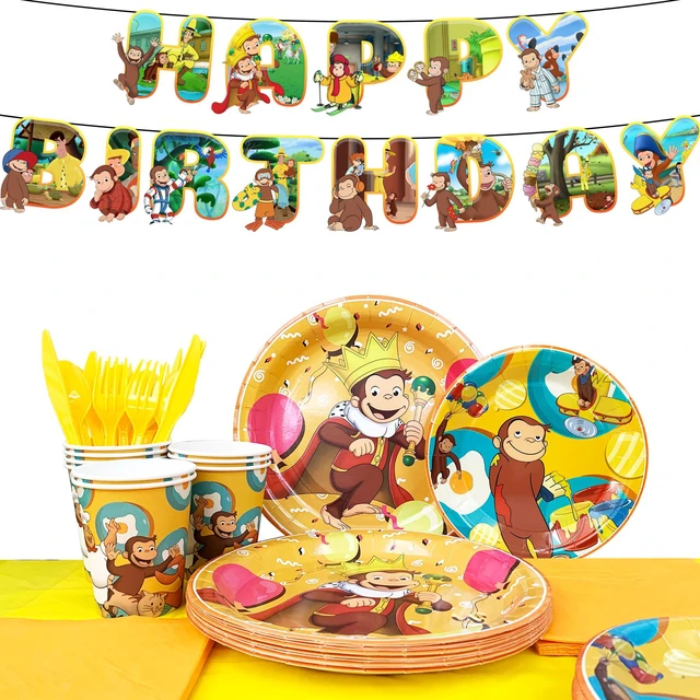 Main image of 114 Pcs Curious George Birthday Party Decorations Tableware Set-Curious George Birthday Plates Napkins Cups Tablecloth etc Curious George Party Tableware for Curious George Party Supplies Serves 16