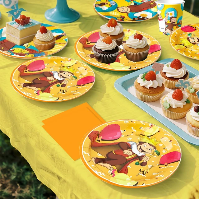 Alt view image 5 of 7 - 114 Pcs Curious George Birthday Party Decorations Tableware Set-Curious George Birthday Plates Napkins Cups Tablecloth etc Curious George Party Tableware for Curious George Party Supplies Serves 16