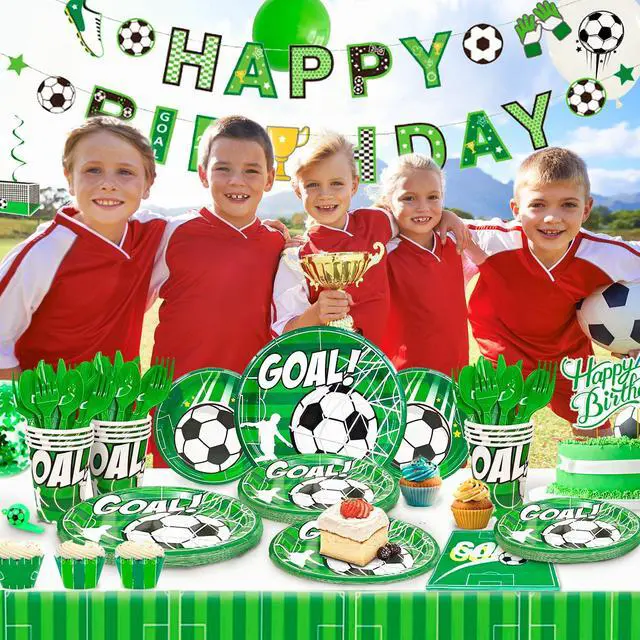 Alt view image 3 of 6 - Soccer Party Decorations, 16 Guests Soccer Party Tableware Set, Soccer Birthday Banner Balloons Whistle Keychain Soccer Plates and Napkins etc Soccer Birthday Party Supplies