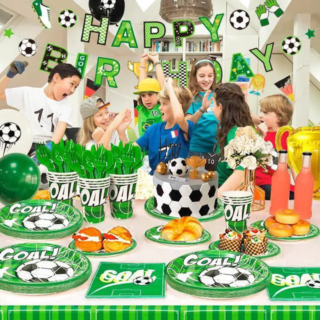 Alt view image 5 of 6 - Soccer Party Decorations, 16 Guests Soccer Party Tableware Set, Soccer Birthday Banner Balloons Whistle Keychain Soccer Plates and Napkins etc Soccer Birthday Party Supplies