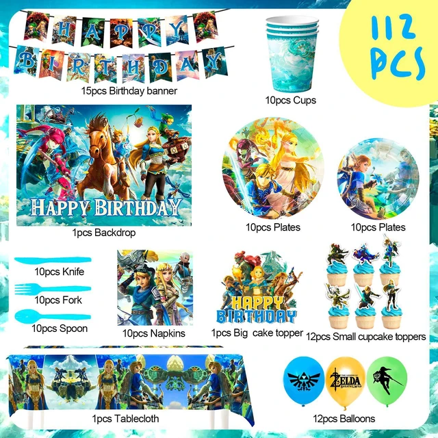 Alt view image 6 of 7 - Zelda Birthday Party Supplies,112pcs Zelda Party Decorations & Tableware Set- Zelda Birthday Decorations Balloons Banner Backdrop & Zelda Plates Cups Table Cover etc Legend Of Zelda Party Supplies