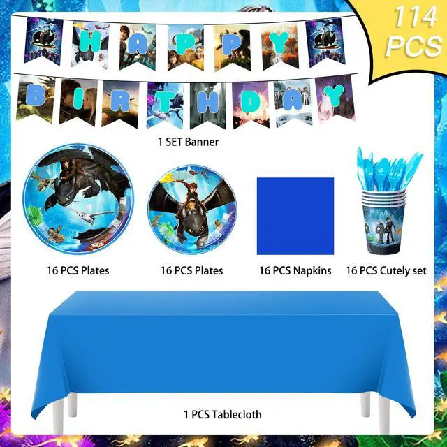 Alt view image 7 of 7 - 114 Pcs How to Train Your Dragon Birthday Tableware-Banner Plate Tablecloth etc How to Train Your Dragon Birthday Party Supplies