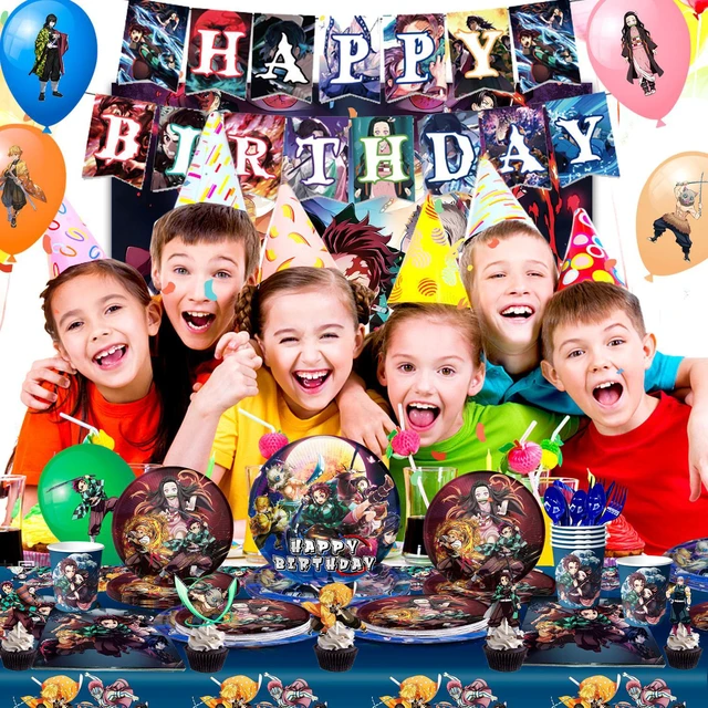 Alt view image 5 of 6 - Demon Slayer Birthday Decorations,112pcs Demon Slayer Party Decorations&Tableware Set- Demon Slayer Birthday Banner Balloons Cake Topper Backdrop Plates Cups Tablecloth etc Demon Slayer Party Supplies