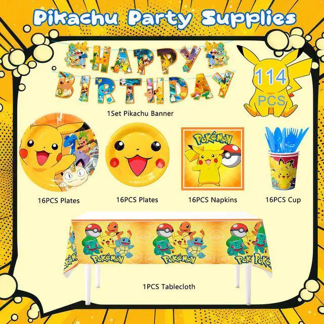 Alt view image 6 of 7 - 114 Pcs Pokemon Birthday Party Decorations & Tableware Set- Pokemon Table Cloth Banner Plates Napkins Cups etc Pokemon Birthday Party Decorations for Pokemon Party Supplies