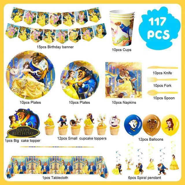 Alt view image 6 of 6 - 117 Pcs Beauty and the Beast Party Decorations and Tableware Kits - Beauty and the Beast Party Plates Cups Napkins Balloons etc Beauty and the Beast Birthday Party Supplies for Boys/Girls