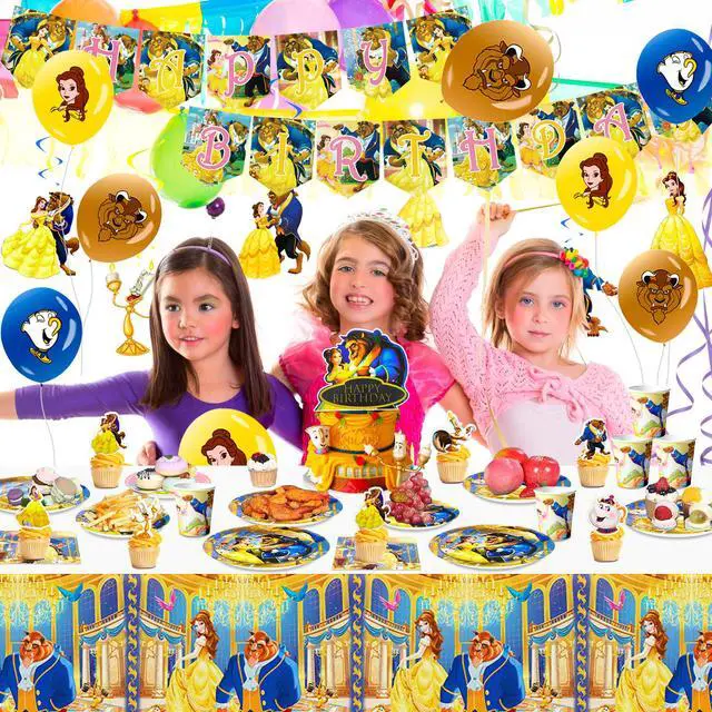 Alt view image 2 of 6 - 117 Pcs Beauty and the Beast Party Decorations and Tableware Kits - Beauty and the Beast Party Plates Cups Napkins Balloons etc Beauty and the Beast Birthday Party Supplies for Boys/Girls