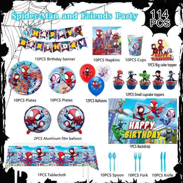 Alt view image 6 of 7 - 114 Pcs Spiderman Birthday Decorations and Party Tableware Set - Spiderman Decorations Balloons Banners and Spiderman Tablecloths Plates Cups Napkins etc Little Spiderman and Friends Party Supplies