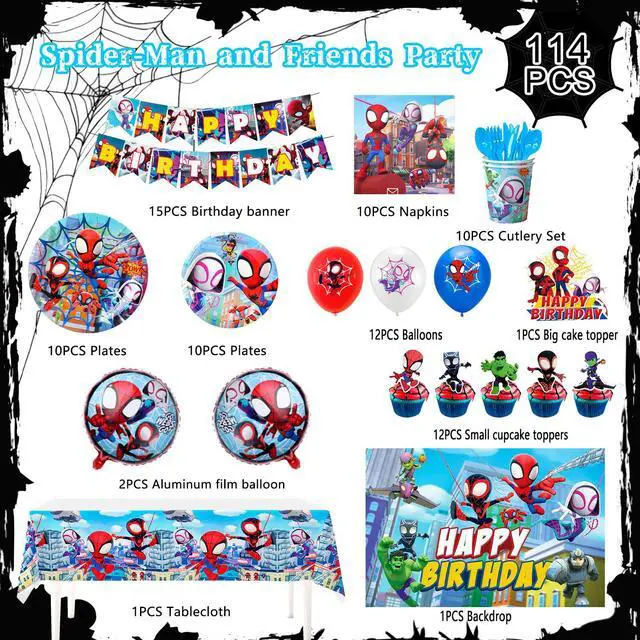 Alt view image 7 of 7 - 114 Pcs Spiderman Birthday Decorations and Party Tableware Set - Spiderman Decorations Balloons Banners and Spiderman Tablecloths Plates Cups Napkins etc Little Spiderman and Friends Party Supplies