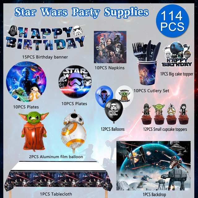 Alt view image 7 of 7 - Star Wars Party Supplies,114pcs Star Wars Party Decorations & Tableware Set-Star Wars Party Plates Napkins Cups & Star Wars Birthday Banner Balloons Cake Decorations etc Star Wars Birthday Decorations