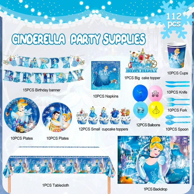 Alt view image 6 of 6 - Cinderella Birthday Party Supplies,112pcs Cinderella Party Decorations&Cinderella Themed Tableware Set-Cinderella Plates Cups Tablecloth Balloons Backdrop etc Cinderella Birthday Decorations for Girls