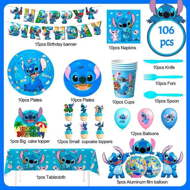 Alt view image 7 of 7 - Stitch Party Supplies, 106pcs Stitch Birthday Decorations&Stitch and Angel Birthday Tableware Set - Stitch Birthday Party Balloons Banner&Stitch Party Plates Napkins etc Stitch Birthday Party Supplies