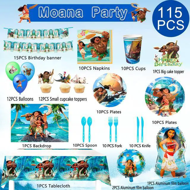 Alt view image 6 of 6 - Moana Birthday Party Supplies, 115 Pcs Moana Party Decorations&Tableware Set-Moana Birthday Balloons Banner Backdrop Plates Napkins Table Cloth Cake Topper etc Moana Birthday Decorations Supplies