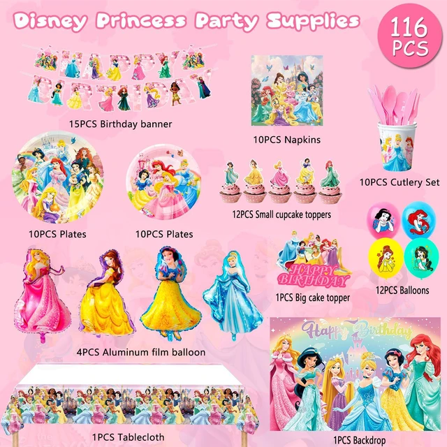 Alt view image 7 of 7 - Princess Birthday Party Supplies, 116 Pcs Princess Party Decorations & Tableware Set - Princess Party Plates Cups Tablecloth & Princess Balloons Banner Backdrop etc Princess Decorations for Birthday