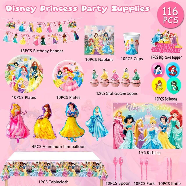 Alt view image 6 of 7 - Princess Birthday Party Supplies, 116 Pcs Princess Party Decorations & Tableware Set - Princess Party Plates Cups Tablecloth & Princess Balloons Banner Backdrop etc Princess Decorations for Birthday