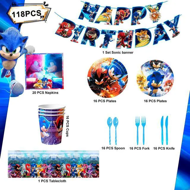 Alt view image 6 of 7 - 118 Pcs Sonic Birthday Party Decorations & Tableware Set - Sonic Tablecloth Banner Plates Napkins Cups etc Sonic Birthday Party Decorations for Sonic Party Supplies