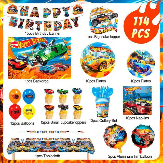 Alt view image 7 of 7 - Hot Wheels Birthday Decorations, 114 Pcs Hot Wheels Birthday Party Decorations & Tableware Set - Hot Wheels Party Plates Tablecloth Napkins Balloons Cake Toppers etc Hot Wheels Party Supplies