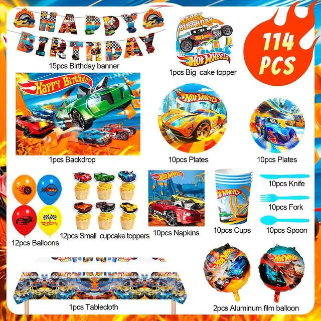 Alt view image 6 of 7 - Hot Wheels Birthday Decorations, 114 Pcs Hot Wheels Birthday Party Decorations & Tableware Set - Hot Wheels Party Plates Tablecloth Napkins Balloons Cake Toppers etc Hot Wheels Party Supplies