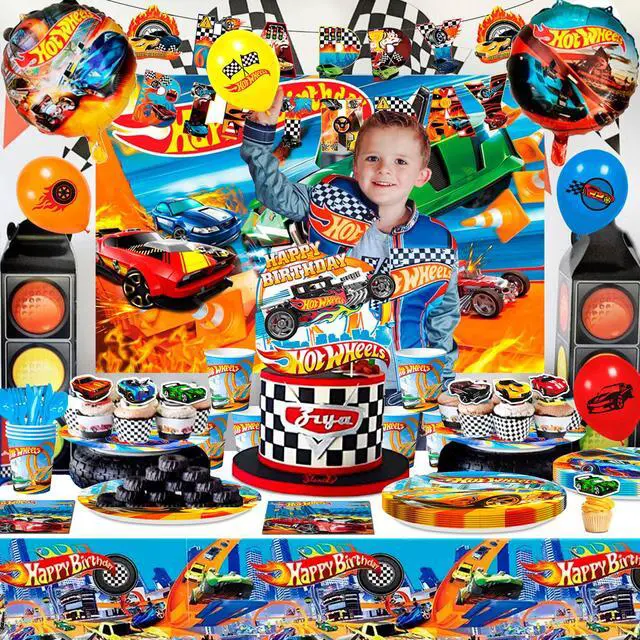 Alt view image 3 of 7 - Hot Wheels Birthday Decorations, 114 Pcs Hot Wheels Birthday Party Decorations & Tableware Set - Hot Wheels Party Plates Tablecloth Napkins Balloons Cake Toppers etc Hot Wheels Party Supplies