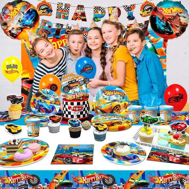 Alt view image 4 of 7 - Hot Wheels Birthday Decorations, 114 Pcs Hot Wheels Birthday Party Decorations & Tableware Set - Hot Wheels Party Plates Tablecloth Napkins Balloons Cake Toppers etc Hot Wheels Party Supplies