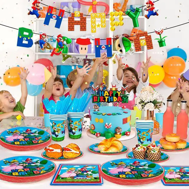 Alt view image 3 of 6 - Super Mario Birthday Party Supplies, 128 Pcs Super Mario Tableware Party Supplies - Mario Party Plates Napkins Cups Tablecloth&Banner for Boys/Girls Kids Mario Theme Birthday Party Decorations