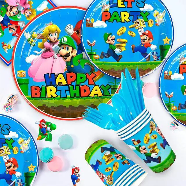 Alt view image 4 of 6 - Super Mario Birthday Party Supplies, 128 Pcs Super Mario Tableware Party Supplies - Mario Party Plates Napkins Cups Tablecloth&Banner for Boys/Girls Kids Mario Theme Birthday Party Decorations