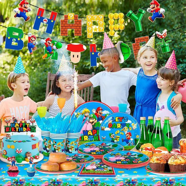 Alt view image 5 of 6 - Super Mario Birthday Party Supplies, 128 Pcs Super Mario Tableware Party Supplies - Mario Party Plates Napkins Cups Tablecloth&Banner for Boys/Girls Kids Mario Theme Birthday Party Decorations