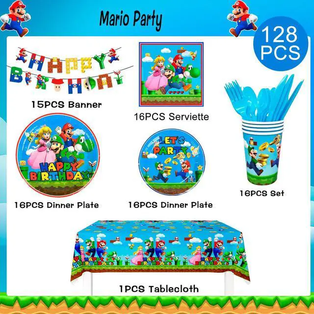 Alt view image 6 of 6 - Super Mario Birthday Party Supplies, 128 Pcs Super Mario Tableware Party Supplies - Mario Party Plates Napkins Cups Tablecloth&Banner for Boys/Girls Kids Mario Theme Birthday Party Decorations