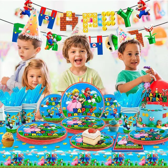 Alt view image 2 of 6 - Super Mario Birthday Party Supplies, 128 Pcs Super Mario Tableware Party Supplies - Mario Party Plates Napkins Cups Tablecloth&Banner for Boys/Girls Kids Mario Theme Birthday Party Decorations
