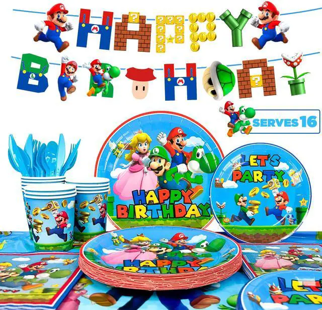 Main image of Super Mario Birthday Party Supplies, 128 Pcs Super Mario Tableware Party Supplies - Mario Party Plates Napkins Cups Tablecloth&Banner for Boys/Girls Kids Mario Theme Birthday Party Decorations
