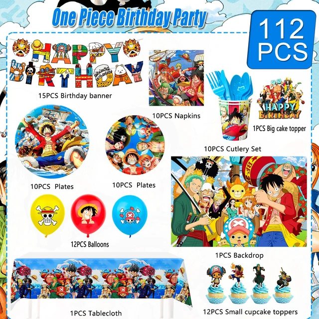 Alt view image 7 of 7 - One Piece Birthday Decorations for Kids,112pcs One Piece Party Decorations&One Piece Party Tableware Set- One Piece Anime Birthday Banner Balloons Plates Napkins etc One Piece Birthday Party Supplies