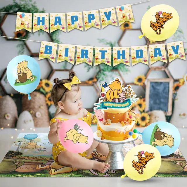 Alt view image 2 of 7 - 112 Pcs Vintage Winnie the Pooh Party Decorations & Tableware Set - Balloons Backdrop Banners Cups Cake Toppers Napkins etc Vintage Winnie the Pooh Birthday Party Supplies