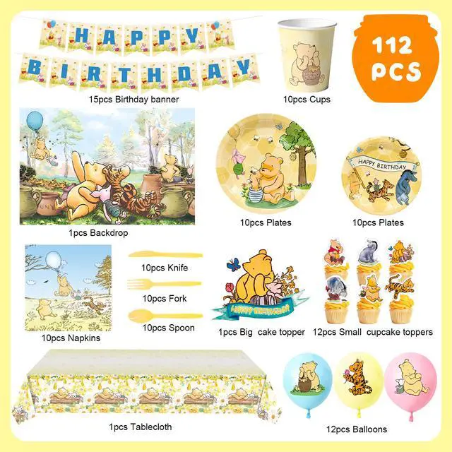 Alt view image 6 of 7 - 112 Pcs Vintage Winnie the Pooh Party Decorations & Tableware Set - Balloons Backdrop Banners Cups Cake Toppers Napkins etc Vintage Winnie the Pooh Birthday Party Supplies