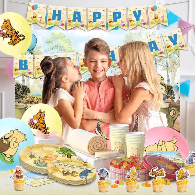 Alt view image 4 of 7 - 112 Pcs Vintage Winnie the Pooh Party Decorations & Tableware Set - Balloons Backdrop Banners Cups Cake Toppers Napkins etc Vintage Winnie the Pooh Birthday Party Supplies