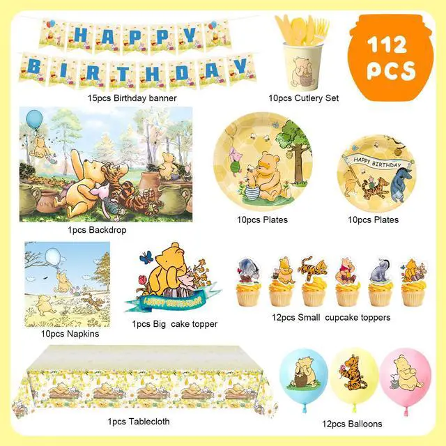Alt view image 7 of 7 - 112 Pcs Vintage Winnie the Pooh Party Decorations & Tableware Set - Balloons Backdrop Banners Cups Cake Toppers Napkins etc Vintage Winnie the Pooh Birthday Party Supplies