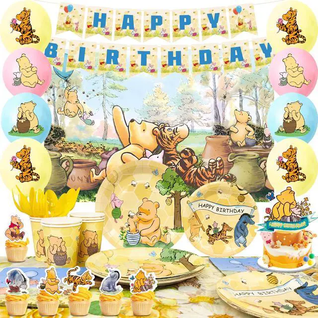 Main image of 112 Pcs Vintage Winnie the Pooh Party Decorations & Tableware Set - Balloons Backdrop Banners Cups Cake Toppers Napkins etc Vintage Winnie the Pooh Birthday Party Supplies